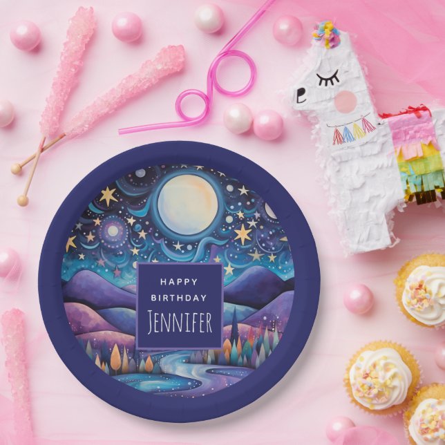 Whimsical Night Big Moon Landscape Birthday Paper Plate (Party)