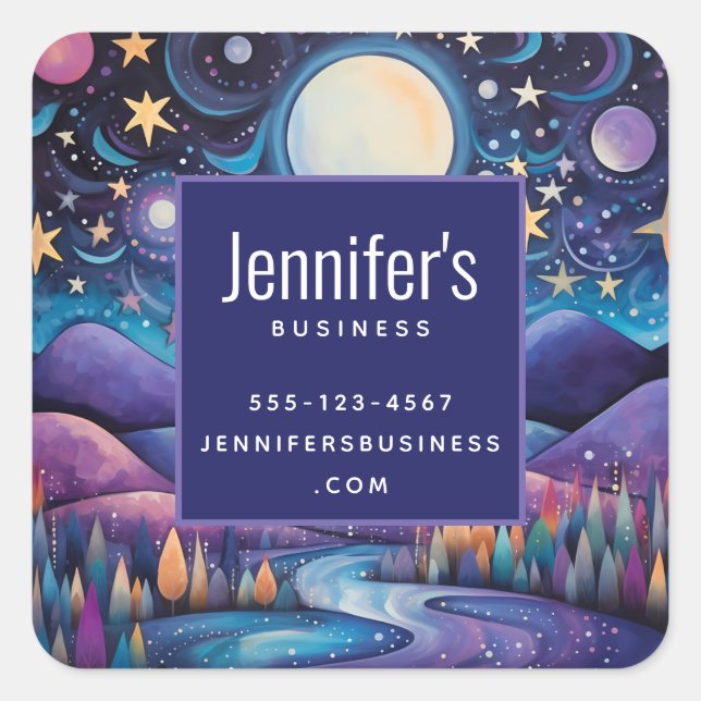 Whimsical Night Big Moon Landscape Business Square Sticker (Front)