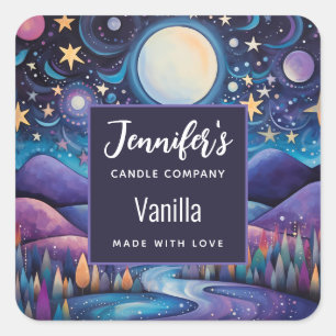 Whimsical Night Big Moon Landscape Candle Business Square Sticker