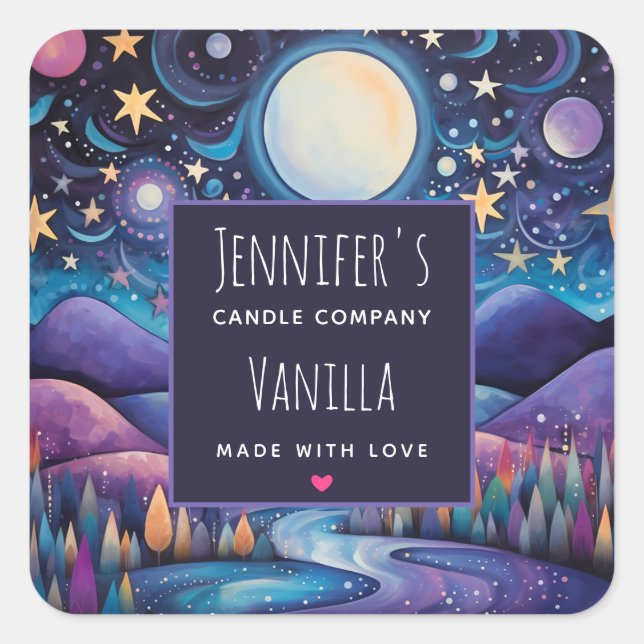 Whimsical Night Big Moon Landscape Candle Business Square Sticker (Front)