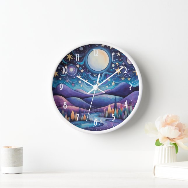 Whimsical Night Big Moon Landscape Clock (Home)