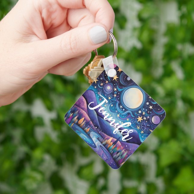 Whimsical Night Big Moon Landscape Keychain (Hand)
