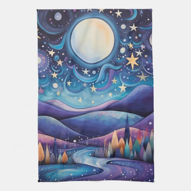 Whimsical Night Big Moon Landscape Kitchen Towel (Vertical)