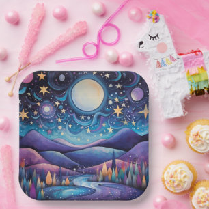 Whimsical Night Big Moon Landscape Paper Plate