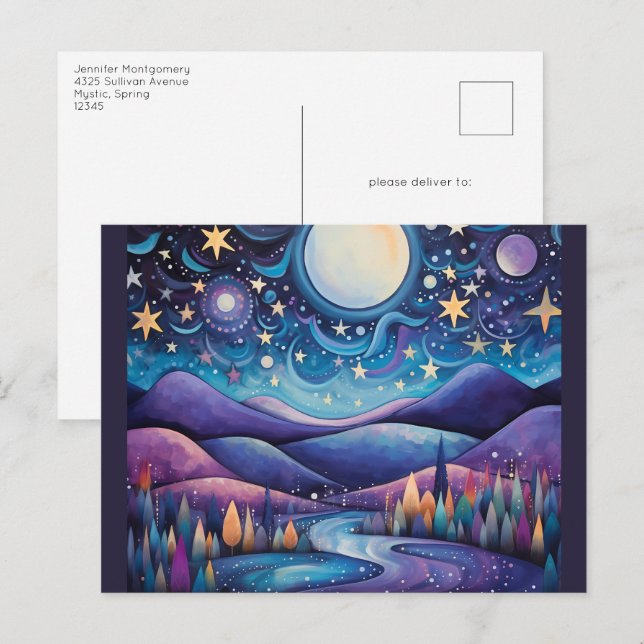 Whimsical Night Big Moon Landscape Postcard (Front/Back)