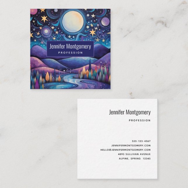 Whimsical Night Big Moon Landscape Square Business Card (Front/Back)