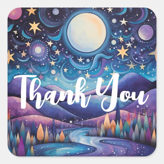 Whimsical Night Big Moon Landscape Thank You Square Sticker (Front)