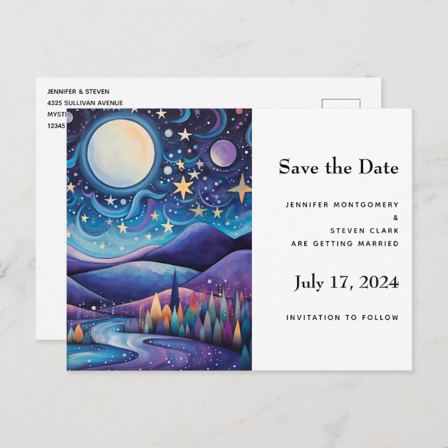 Whimsical Night Big Moon Landscape Wedding Announcement Postcard (Front/Back)