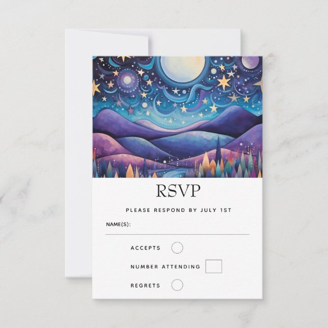 Whimsical Night Big Moon Landscape Wedding RSVP Card (Front)