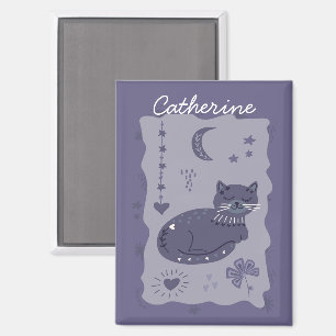 Whimsical Night Cat Folk Art Custom Magnet