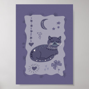 Whimsical Night Cat Folk Art Poster