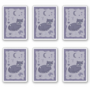 Whimsical Night Cat Folk Art Sticker