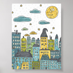 Whimsical Night Cityscape – Playful Hand-Drawn Art Poster