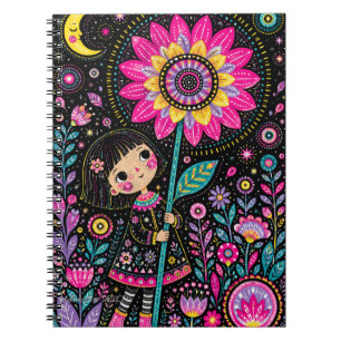 Whimsical Night Garden Girl Floral Folk Art Notebook