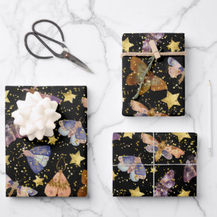 Whimsical Night Moth Butterflies Faux Gold Stars Wrapping Paper Sheet