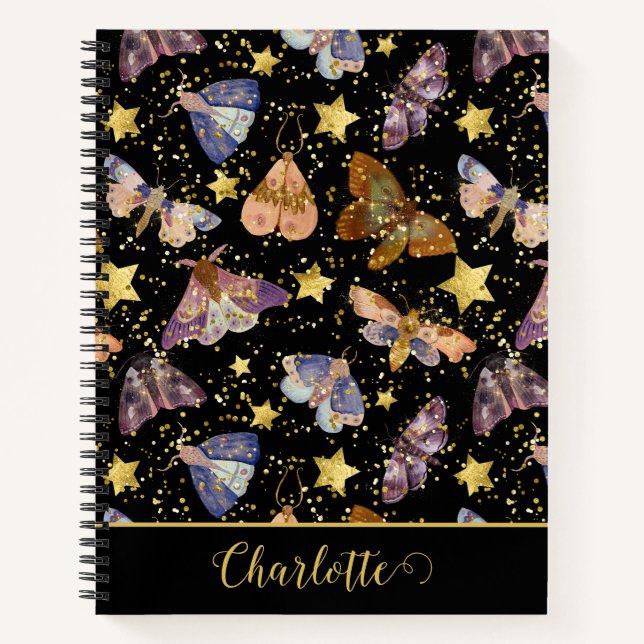 Whimsical Night Moth Butterflies Glitter Star Name Notebook (Front)