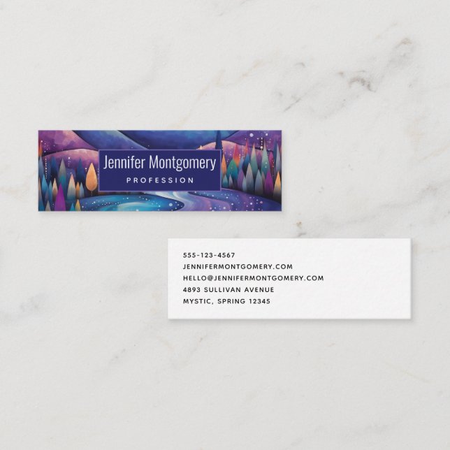Whimsical Night Mountains and Trees Landscape Mini Business Card (Front/Back)