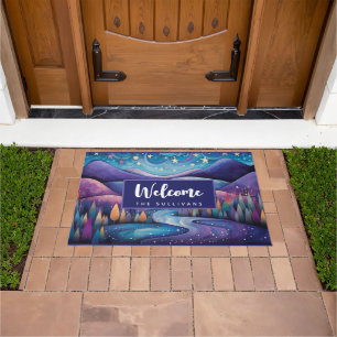 Whimsical Night - River, Trees and Hills Welcome Doormat