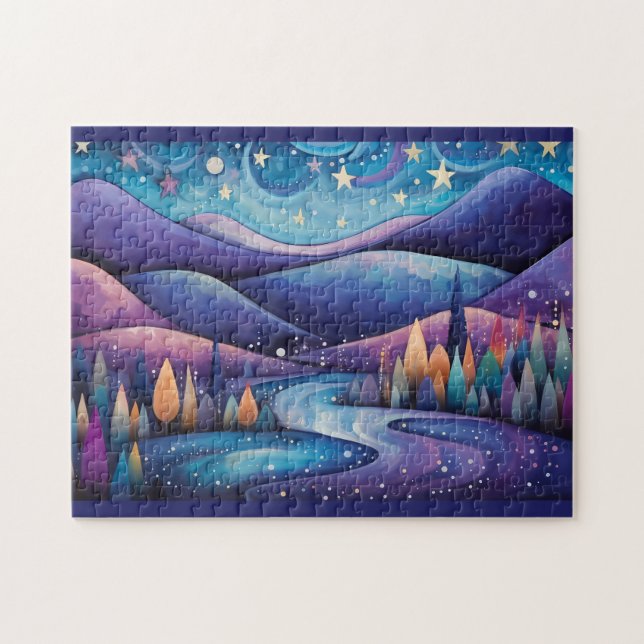 Whimsical Night - River, Trees and Mountains Jigsaw Puzzle (Horizontal)