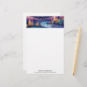 Whimsical Night - River, Trees and Mountains Stationery