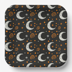 Whimsical Night Sky Crescent Moon Halloween Paper Plate