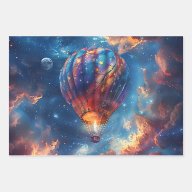  Whimsical Night Sky Hot Air Balloon Ride  Wrapping Paper Sheet (Front 3)
