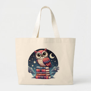 Whimsical Night Sky Vintage Owl Book Illustration Large Tote Bag
