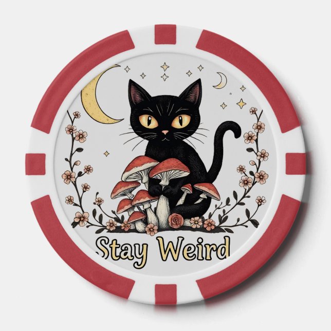 Whimsical noir cat framed by red mushrooms and pal poker chips (Front)