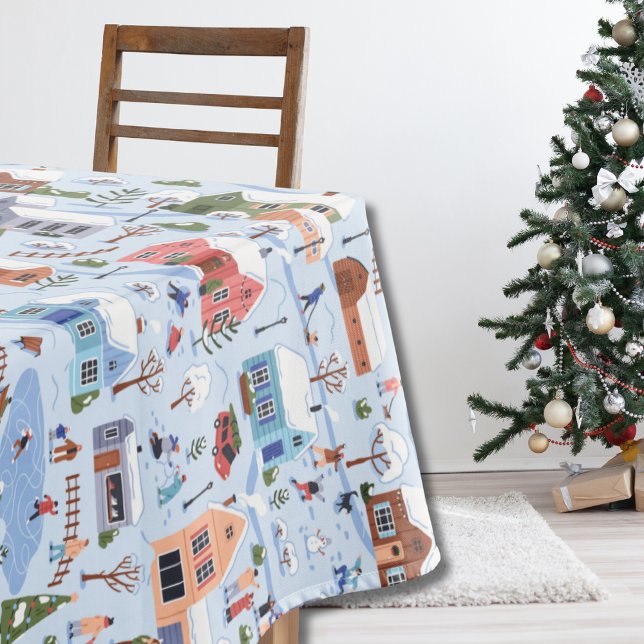 Whimsical Nordic Hygge Christmas Village Pastel  Tablecloth (Whimsical Scandi Christmas village Pattern Table Cloth)