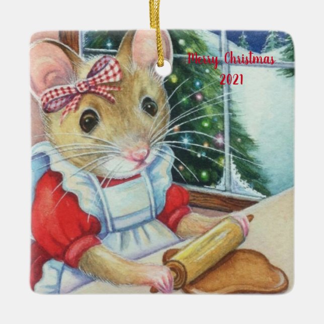 Whimsical North Pole Gingerbread Baker Mouse Art Ceramic Ornament (Front)
