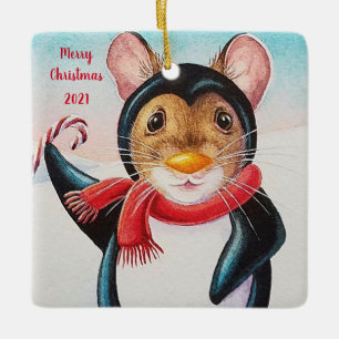 Whimsical North Pole Penguin Mouse Watercolor Art Ceramic Ornament