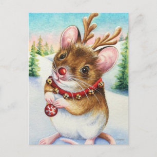 Whimsical North Pole Reindeer Mouse Watercolor Art Postcard