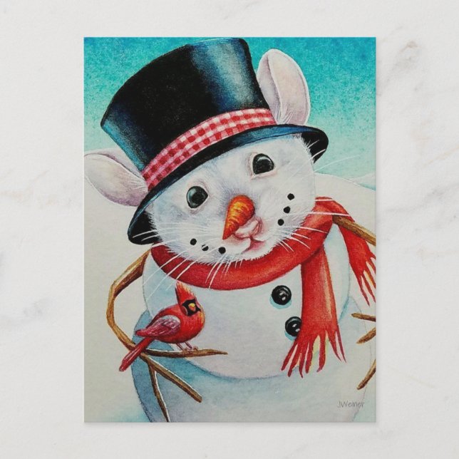 Whimsical North Pole Snowman Mouse Watercolor Art Postcard (Front)