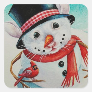 Whimsical North Pole Snowman Mouse Watercolor Art Square Sticker