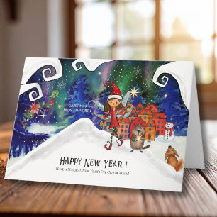 Whimsical Northern Lights Fairy Happy New Year Holiday Card