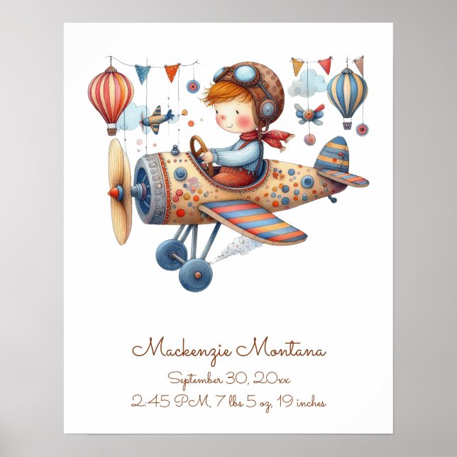 Whimsical Nursery Art Child and Plane Personalize Poster (Front)