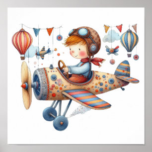 Whimsical Nursery Art Child Flying Old Airplane Poster