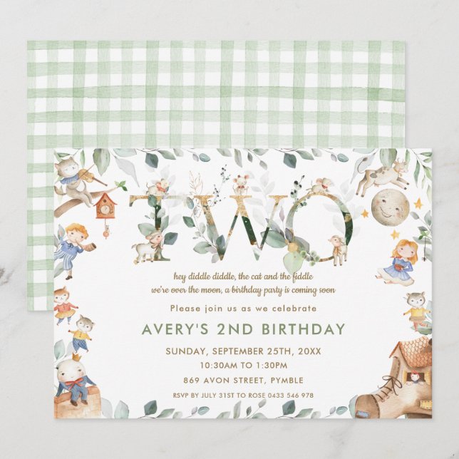 Whimsical Nursery Rhyme Greenery 2nd Birthday Invitation (Front/Back)