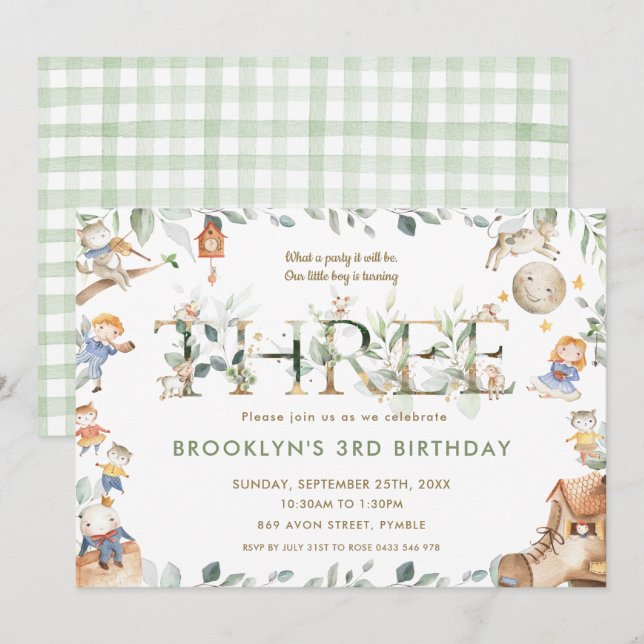 Whimsical Nursery Rhyme Greenery 3rd Birthday Invitation (Front/Back)