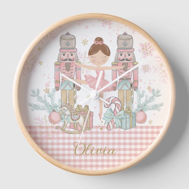 Whimsical Nutcracker Pastel Pink Christmas Ballet Clock (Front)