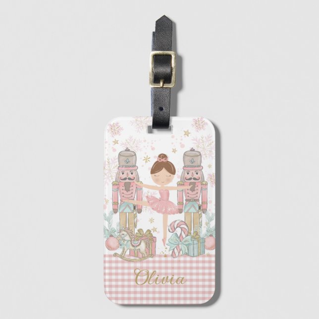 Whimsical Nutcracker Pastel Pink Christmas Ballet Luggage Tag (Front Vertical)