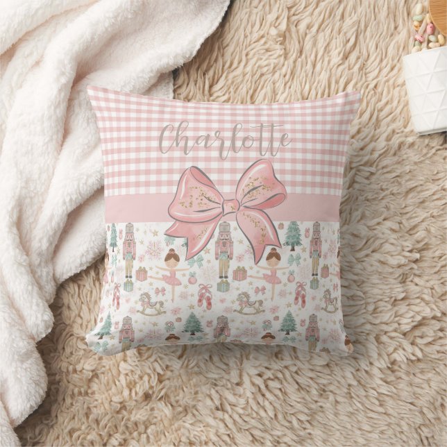 Whimsical Nutcracker Pastel Pink Christmas Ballet Throw Pillow (Blanket)
