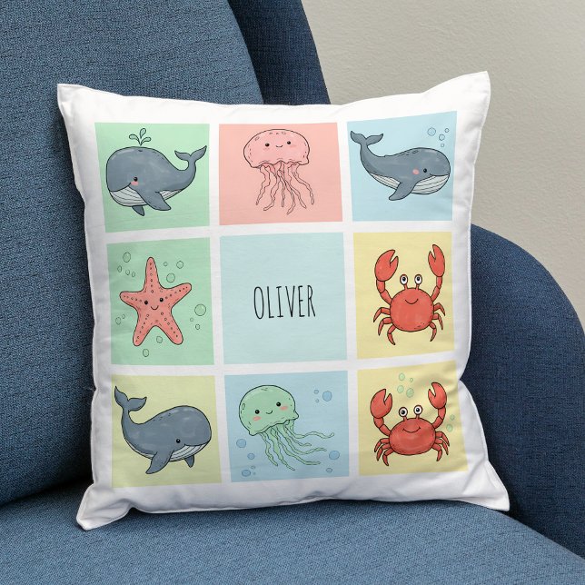 Whimsical Ocean Friends Doodles Throw Pillow (Creator Uploaded)
