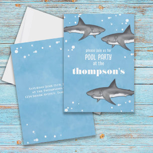 Whimsical Ocean Pool Party Swimming Sharks Invitation