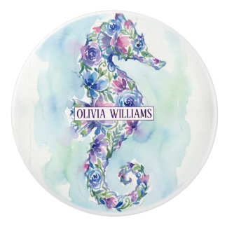 Whimsical Ocean Seahorse Botanical Flowers Ceramic Knob