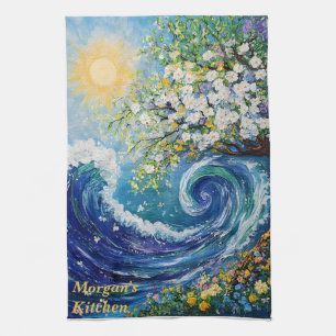Whimsical Ocean Wave Impressionism Painting Kitchen Towel