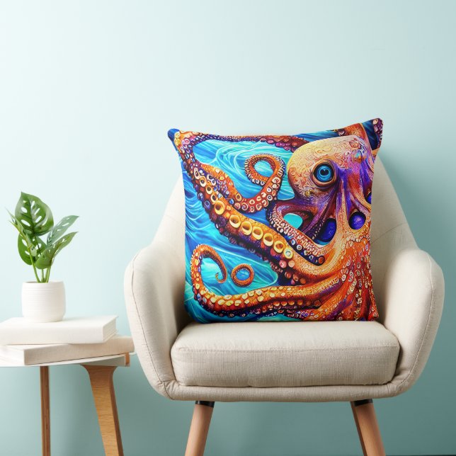 Whimsical Octopus Blue Ocean Wave Cubism  Throw Pillow (Chair)