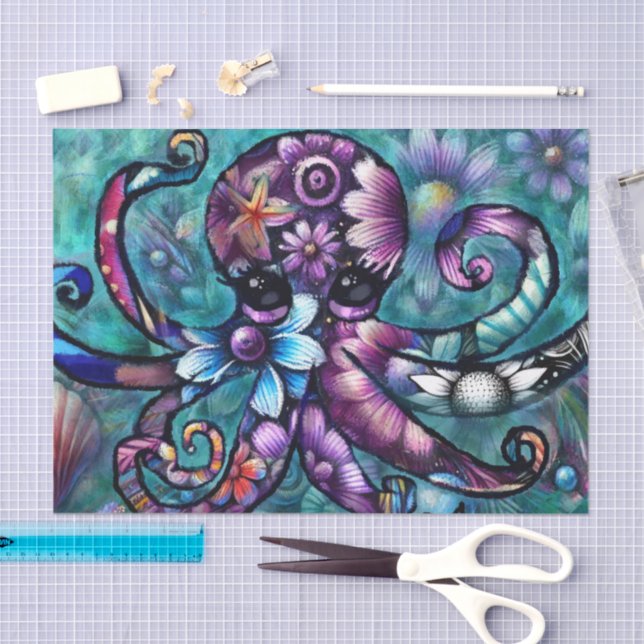 Whimsical Octopus Floral Teal Coastal Decoupage Tissue Paper (Craft)