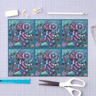Whimsical Octopus Floral Teal Coastal Decoupage Tissue Paper