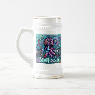 Whimsical Octopus Floral Teal Coastal Personalized Beer Stein